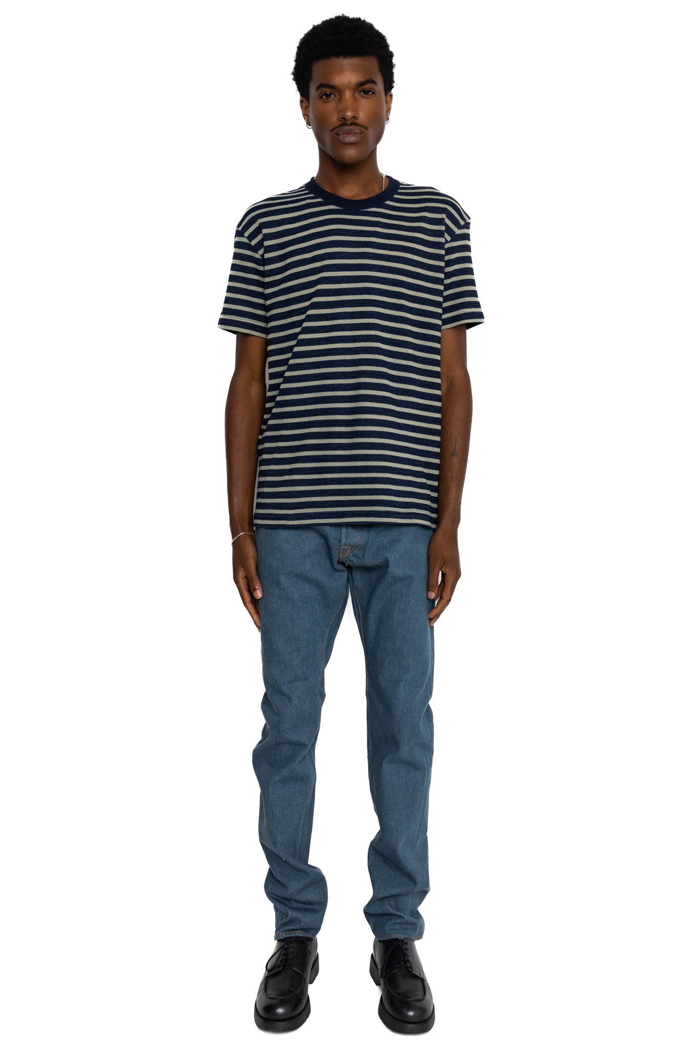 Heavy Weight Striped T-Shirt - Indigo x Beige