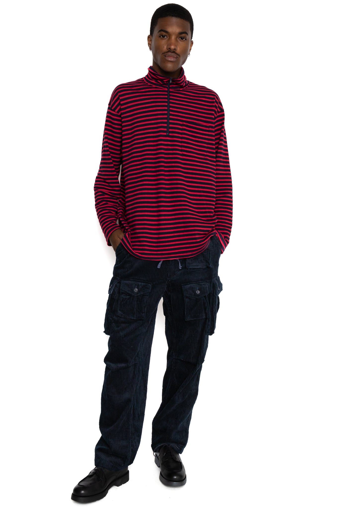 Engineered Garments Zip Mock Neck PC Stripe Jersey - Red/Navy