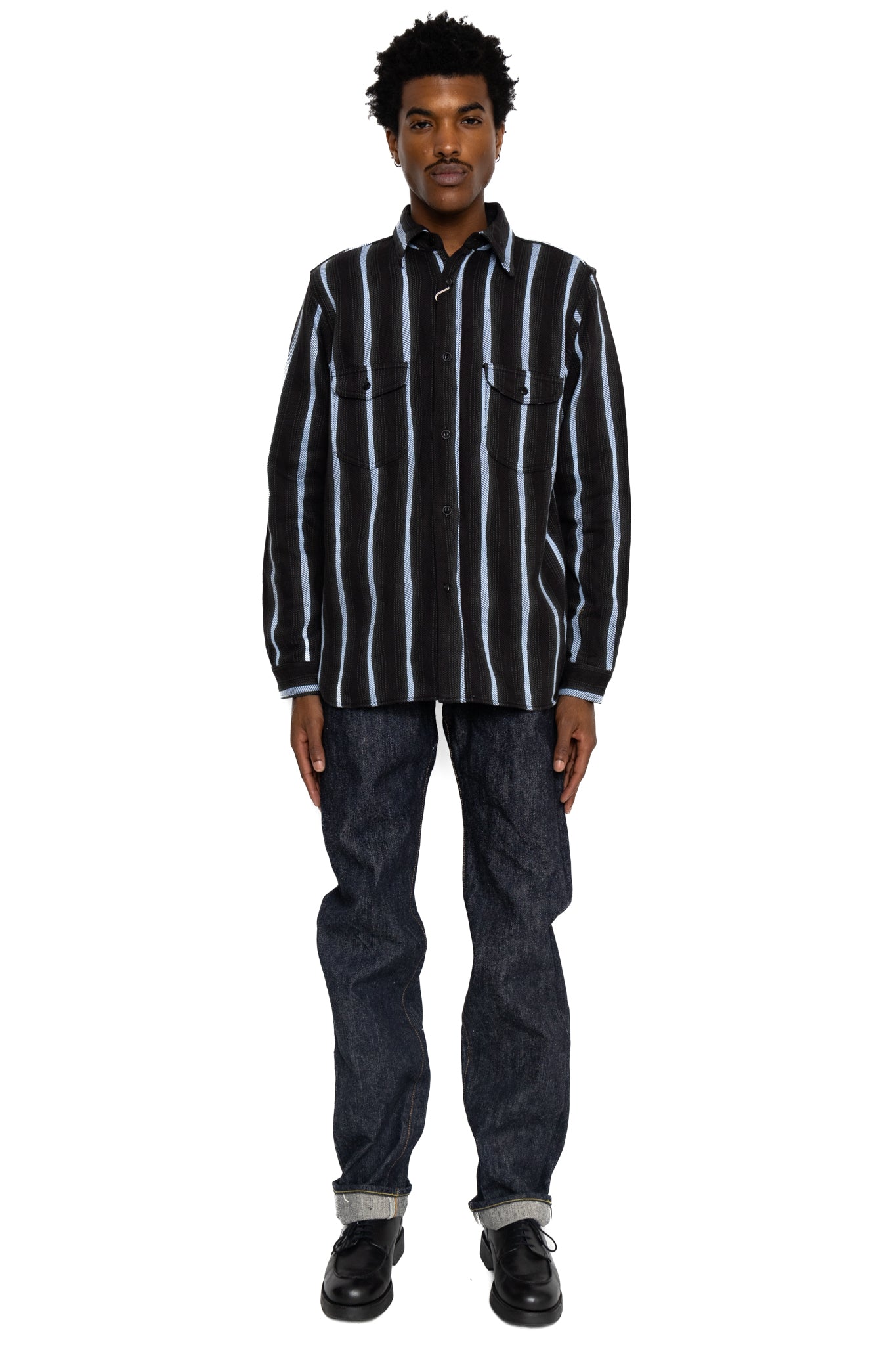 Drunken Stripe Flannel Work Shirt Western Fit - Black