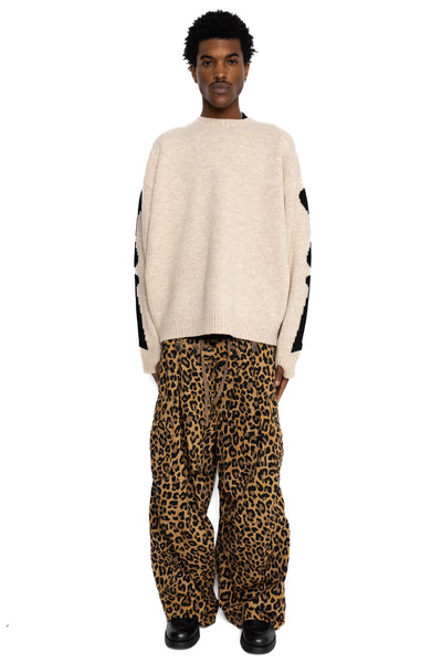 Cotton Herringbone Leopard JUMBO Cargo Pants - Brown