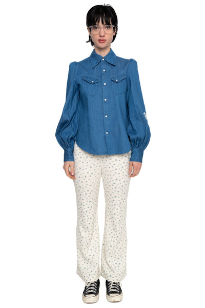 Waffle Jersey Calico Print Flare Pants - Blue