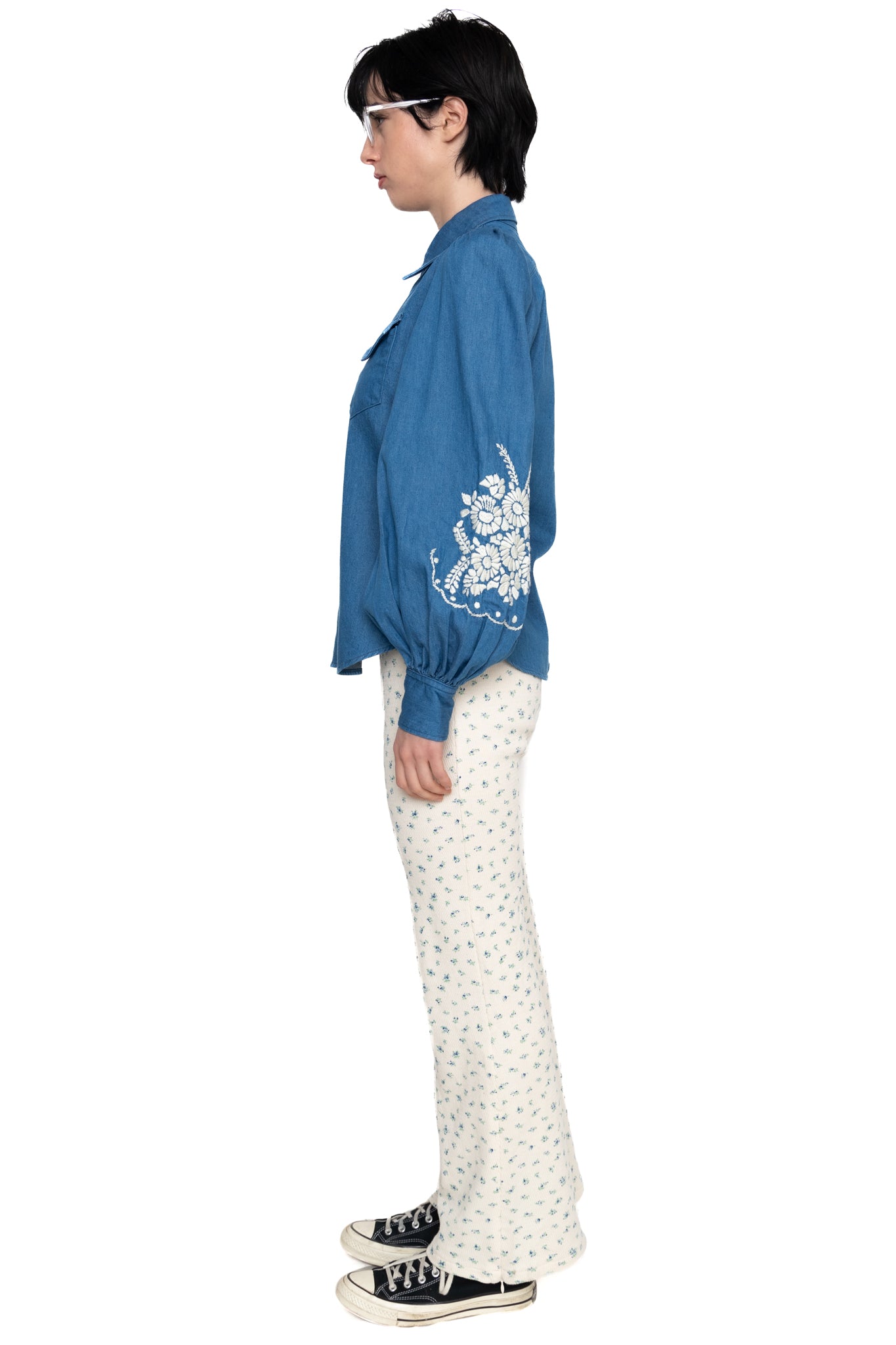 Waffle Jersey Calico Print Flare Pants - Blue