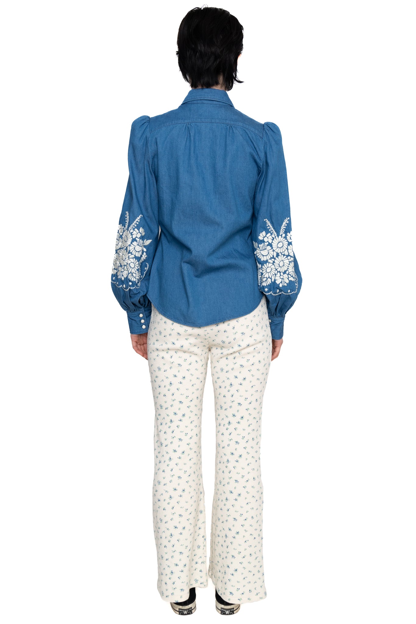 8oz Denim Puff-Sleeve Western Shirt (Flower Embroidery) - Indigo