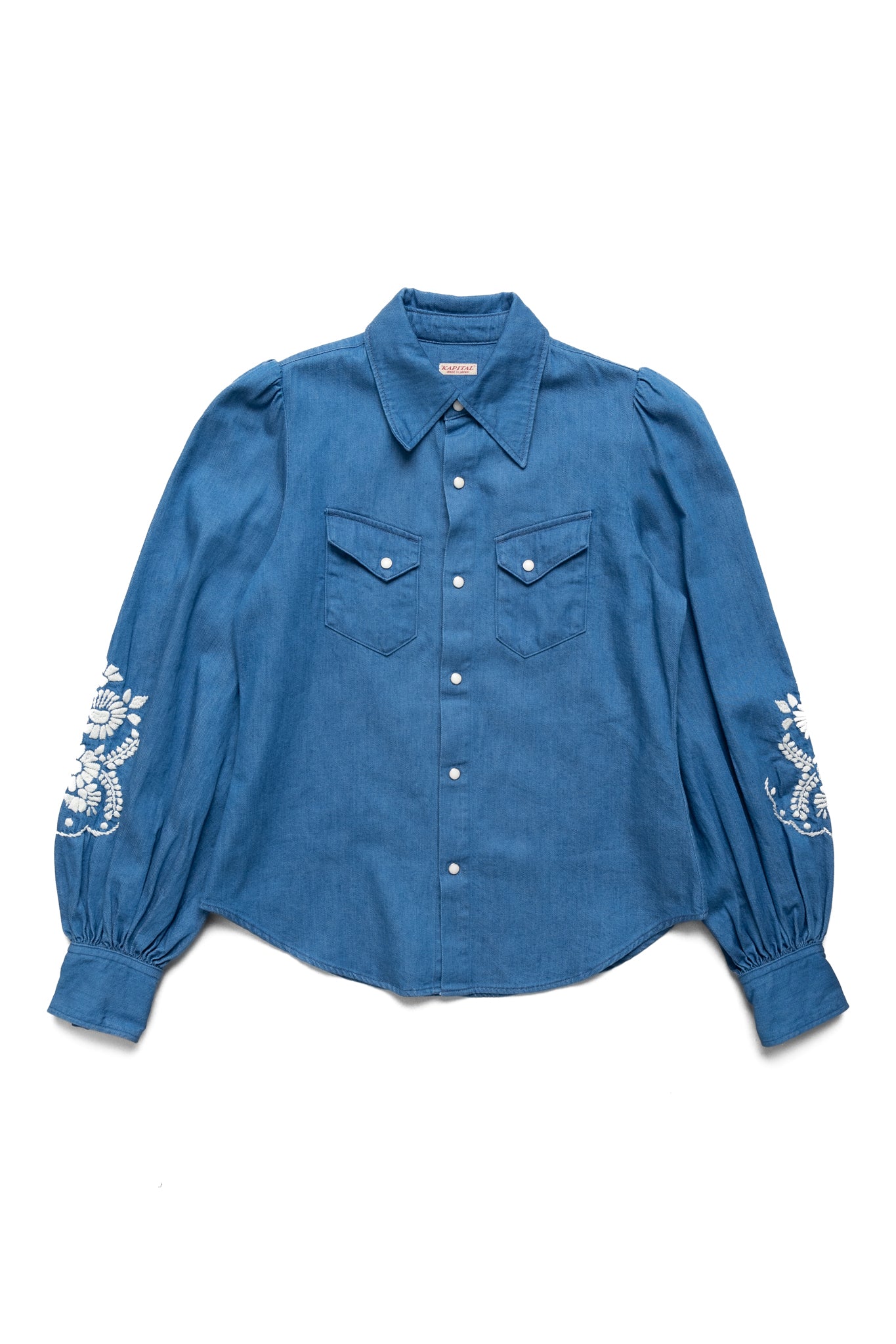 8oz Denim Puff-Sleeve Western Shirt (Flower Embroidery) - Indigo