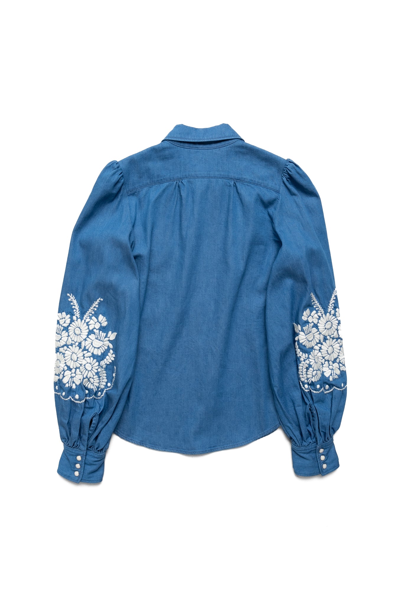 8oz Denim Puff-Sleeve Western Shirt (Flower Embroidery) - Indigo