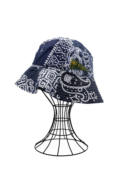 Bandana Patchwork BUCKET Hat (Long Brim) - Purple Navy