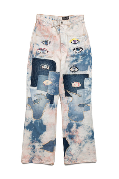 14oz Denim Tie-Dye Baggy Flare Pants (CRAZY DIXIE Remake) - Indigo x Pink