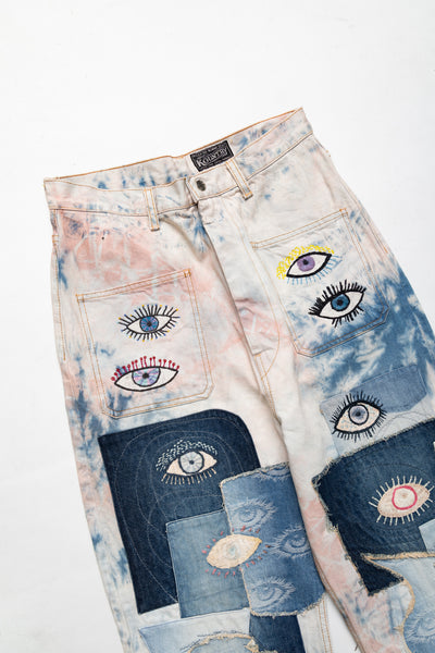 14oz Denim Tie-Dye Baggy Flare Pants (CRAZY DIXIE Remake) - Indigo x Pink