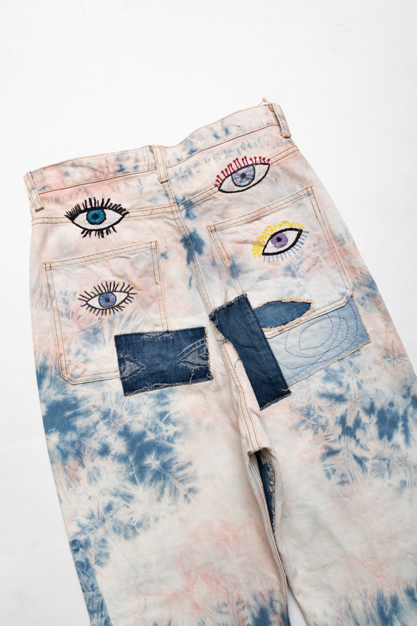 14oz Denim Tie-Dye Baggy Flare Pants (CRAZY DIXIE Remake) - Indigo x Pink