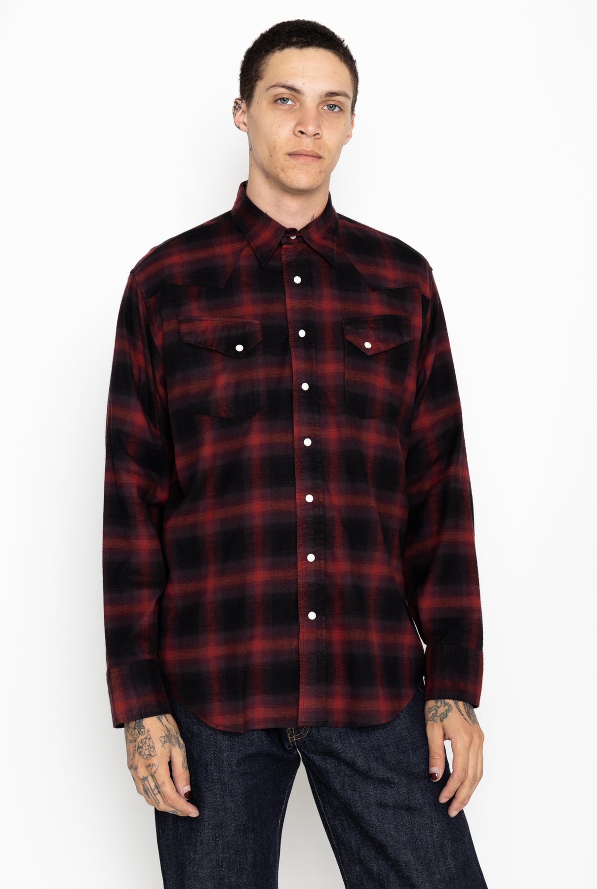 Sugar Cane Cotton Rayon Ombre Check Western Shirt - Red