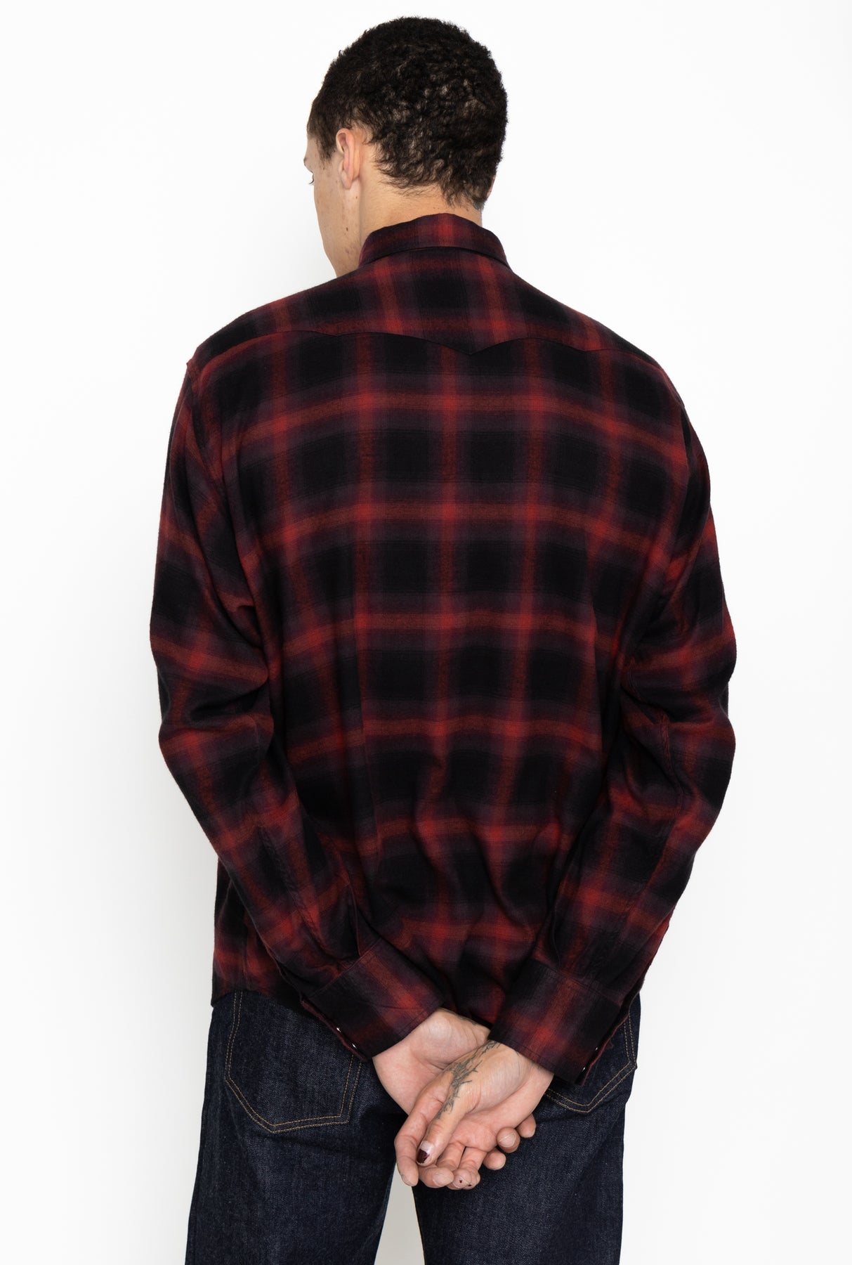 Sugar Cane Cotton Rayon Ombre Check Western Shirt - Red